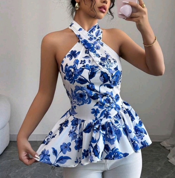 Neck Tie Bowknot Blue Printed Blouse - Picture 1 of 4